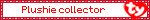 Plushie collector stamp A blinkie that says "plushie collector". It has a white background with red and white edges and a beanie baby ty tag icon