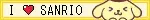 I ❤️ Sanrio stamp A blinkie that says "I (heart) Sanrio" in black text. It has a yellow background with darker yellow edges and a pompompurin icon, he is tapping his paws together.