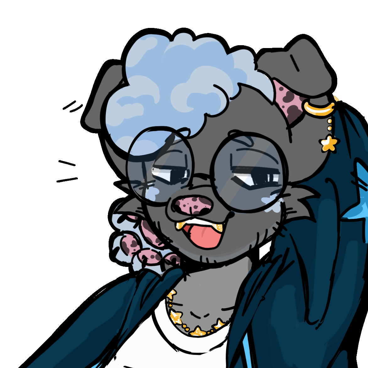 A picture of my fursona day-day, a gray pit bull with blue star markings and round glasses and gold star jewelry