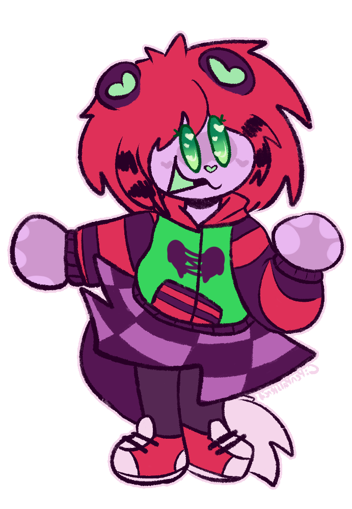 A picture of my friend Henry’s fursona, a purple and lavender ferret with dark pink hair. He’s dressed in scene clothes, including a green and pink jacket, a checkerboard skirt, converse and raccoon tails in his hair.
