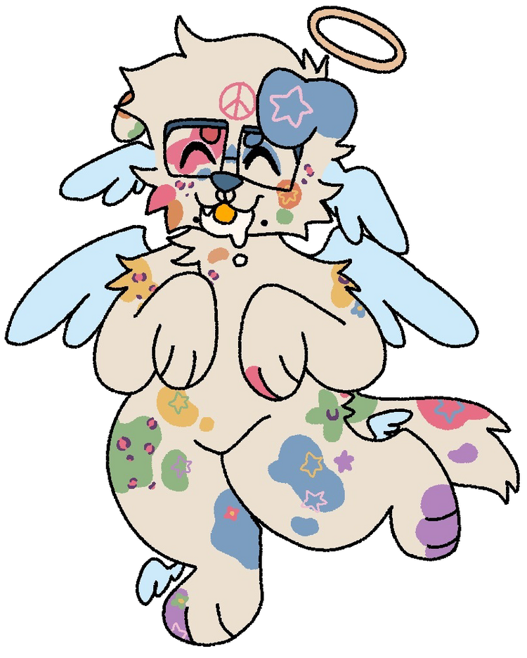 A picture of my friend Karla’s fursona, a white/cream colored dog with multicolored spots and stars. They have wings and a halo, glasses and peircings